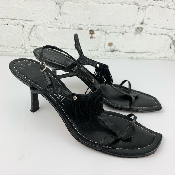 Vintage Gunmetal Italy Black Leather Slingback Fringe Tassel Sandal Heels 8.5B - Picture 6 of 10